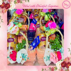 A closer look at the heartfelt surprises inside my gourmet hampers. Each one is packed with premium snacks and decorated with beautiful floral touches.