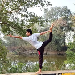 This is Natarajasana, the Lord of the Dance Pose, a tribute to Lord Shiva's cosmic dance of creation and destruction. It is a beautiful expression of balance and grace that opens the heart and shoulders. As the Bhagavad Gita teaches, when we achieve a state of divine consciousness, our intelligence becomes steady, and we transcend worldly miseries.