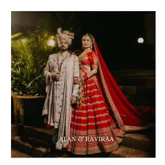 A classic portrait of the bride and groom on their wedding day. This image captures the regal elegance of their Sabyasachi outfits and the timeless love they share, a perfect memory from their celebrity wedding in Goa.
