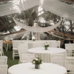 A detail shot of the minimalist tablescape and the draped ceiling of the transparent tent, with palm trees visible outside, blending the elegant decor with the natural surroundings.