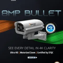 See every detail in 4K clarity with our 8MP Bullet Camera. This STQC-certified camera features Ultra HD resolution and a motorized zoom, making it ideal for monitoring large outdoor areas where detail is crucial.