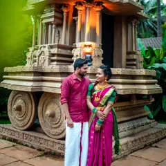For a traditional South Indian pre-wedding look, I offer elegant silk sarees like this pink and green one, paired with a simple dhoti and shirt for the groom-to-be.