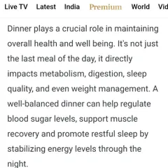 An excerpt from my NDTV article explaining the crucial role dinner plays in metabolism, sleep quality, and weight management.