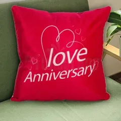 A bright red cushion perfect for celebrating a "Love Anniversary." The simple and elegant script makes it a great decorative piece for a couple's home.