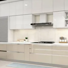 A render of a luxurious kitchen in soft beige tones, featuring handleless high-gloss cabinets and a full-height glass pantry. Under-cabinet lighting adds warmth and highlights the clean lines of the design.