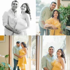 A collage of couple's portraits from the baby shower. These photos, in both color and black and white, capture their shared excitement and love as they await their little one.
