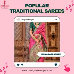 The Banarasi saree is a timeless classic. This example in bright pink with a contrasting green blouse and intricate gold weaving is a must-have for any traditional wardrobe.