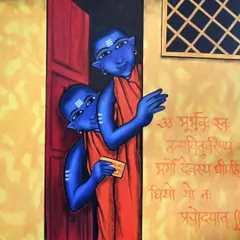 An acrylic painting on a 3x3 ft canvas that celebrates Indian culture. It shows two young brahmacharis with the Gayatri Mantra inscribed beside them, representing the pursuit of knowledge and tradition.