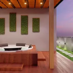 This client wanted a bathtub for their child, so we designed a 5-seater jacuzzi on the roof. This render helped them see how it would fit into a luxurious spa-like setting with a wooden deck and mood lighting.