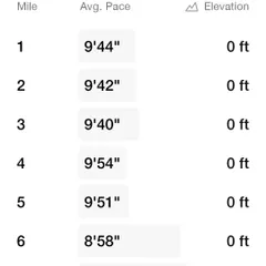 A breakdown of my mile splits from the 10k race. Notice the negative split in the last mile. This is a pacing strategy I teach to help runners finish strong and avoid burning out too early.