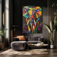 Make a bold statement with geometric wildlife art. This colorful elephant painting adds a modern and artistic touch to this living space, demonstrating how contemporary styles can bring a powerful presence to a room.