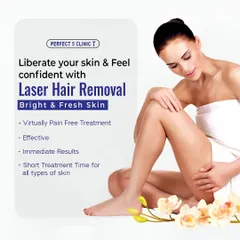 This graphic summarizes the key benefits of our laser hair removal service. The treatment is virtually pain-free, highly effective, provides immediate results, and has a short treatment time suitable for all skin types.