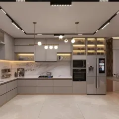 A modern modular kitchen is the heart of the home. This L-shaped design features handleless cabinets, integrated smart appliances, and a breakfast counter, all built with precision in my factory.