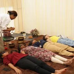 During my sound healing sessions, I help employees enter a state of deep relaxation. Here, a team at HCL experiences a restorative Savasana, allowing the therapeutic vibrations of the singing bowls to melt away stress.