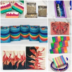 This collage shows the variety of advanced designs covered in my Professional Soap Design Course. It's a hands on class where you learn multiple techniques in one day.