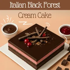 A sophisticated take on a classic, our Italian Black Forest Cream Cake features layers of rich chocolate sponge, cherry filling, and a smooth, glossy chocolate glaze.