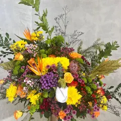 Confetti in a vase. This vibrant and expressive arrangement is perfect for Mother's Day, combining Albiflora, Ilex berries, Pincushions, Roses, and Birds of Paradise for a joyful and poised look.