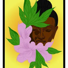 A portrait of Buddha partially obscured by a blooming flower. This piece is a reminder that happiness is not the absence of problems, but the ability to deal with them. Nam Myoho Renge Kyo.