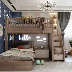 This is such a dreamy kids' room. The bunk bed has a "hello" neon sign and a starry night theme, complete with a moon lamp. The stairs also double as drawers, which is my favorite way to add extra storage.