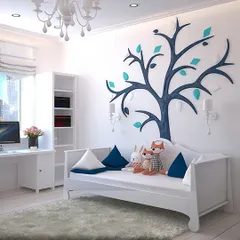 A modern and clean 3D-style tree mural for a child's room. This type of stylized art grows with your child and complements contemporary interior design.