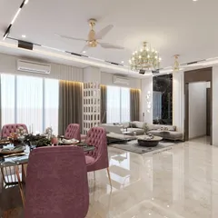 A render of a spacious living and dining area in Borivali. This visualization was crucial for planning the open-concept layout, including the placement of the chandelier and the flow between the seating and dining zones.