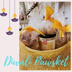 Another view of the Diwali 'Pawsket', showing the handmade treats bundled with festive yellow ribbons. It's a perfect gift for any dog lover.