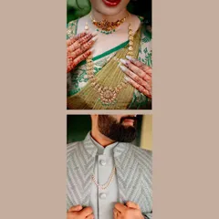 A collage of beautiful details from an engagement in Sringeri, focusing on the traditional jewelry and attire of the bride and groom.