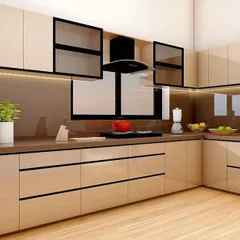 This 3D design visualizes a kitchen with beige glossy cabinets and a brown countertop. The render includes details like the chimney, glass-front cabinets, and under-cabinet lighting, giving a complete picture of the final installation.