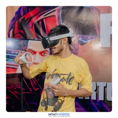 This player is fully engaged in a VR game, smiling as he interacts with the virtual environment. It’s a perfect example of the fun and excitement my VR station brings to any event.