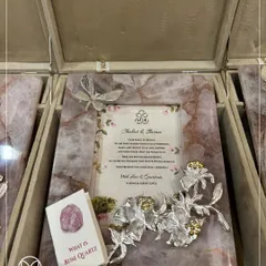 I believe a gift should be soulful. This Rose Quartz Aura photo frame, the stone of universal love, is paired with a personalized invitation and presented in a bespoke box. It’s a wedding invite that your guests will treasure forever.