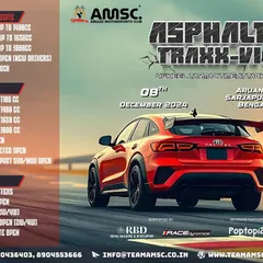 An event poster for the Asphalt Traxx VI wheel-to-wheel tarmac autocross. We host competitive events with multiple classes for amateur, professional, and special vehicle categories.