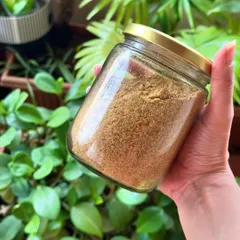 A jar of my homemade flaxseed pudi (powder). This versatile and nutritious condiment is a great way to add healthy fats, fiber, and protein to your meals.