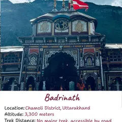 Information about the Badrinath temple, dedicated to Lord Vishnu and accessible by road.