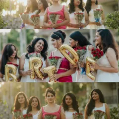 The bride-to-be in her custom pink gown, surrounded by her bridesmaids in coordinated white dresses I also designed. This shows how I create a cohesive look for the entire bridal party.