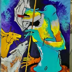 An abstract interpretation of Krishna as the divine cowherd. This piece uses a unique color palette and form to explore his connection to nature and all living beings. It's a very personal and expressive work.