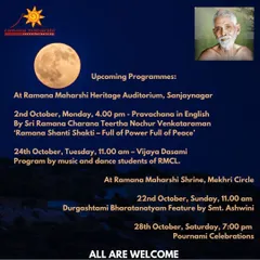 A schedule of upcoming programs at our centre, including Pravachana (spiritual discourse), Vijayadashami celebrations, and Pournami celebrations at both our Sanjaynagar and Mekhri Circle locations.