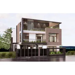 This facade for a villa in Bangalore seamlessly integrates geometric lines for ventilation with a semi-private terrace space. The interplay of solid and void, along with the dark color palette, creates a striking and modern visual appeal.