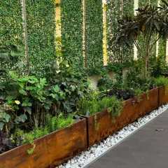 A long view of the Corten steel planters, which will develop a beautiful patina over time. The vertical green wall behind is designed for climbing plants to eventually take over, creating a living privacy screen.