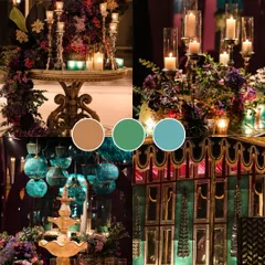 A jewel-toned mood board for a Moroccan or Arabian Nights theme. The mix of deep purples, teals, and gold creates a mystical and luxurious vibe, perfect for a Sangeet or Mehendi night.