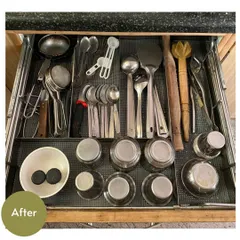 The "after" view of the same drawer. By simply categorizing and arranging the items neatly, the drawer is now highly functional and everything is visible.