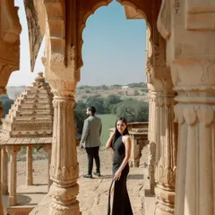 Framed by the intricate sandstone architecture of Jaisalmer, this shot captures a moment of royal elegance. I specialize in finding these perfect frames that add a sense of history and grandeur to your pre-wedding portraits, making them truly timeless.