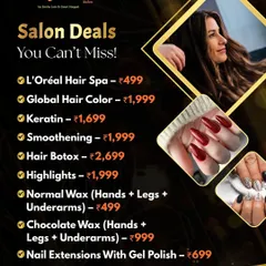 A complete list of our salon deals you can't miss. Choose from services like L'Oréal Hair Spa, Keratin, Smoothening, and Nail Extensions with Gel Polish at amazing prices.