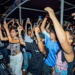 The view from my side of the decks is the best. Look at the pure joy and energy from the crowd at the Fred Again listening party hosted by Sunburn.