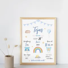 A clean, beautifully styled shot of the baby boy biography frame. The design features soft blue tones, a rainbow, and cute illustrations to celebrate the "welcome to the world" moment.