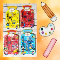 Another view of the popular trolley-shaped stationery sets, featuring characters like Minions, Spider-Man, Cars, and Mickey Mouse.
