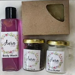 This is a popular combination for mehendi ceremony return favors. The set includes a lavender body wash, coffee scrub, shea butter, and a Multani mitti soap, offering a complete mini-spa experience for guests.