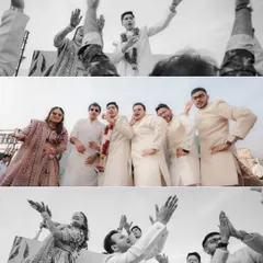 A collage of high-energy, candid moments from the Varmala, featuring the groom's friends lifting him up and guests cheering wildly.