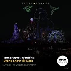 For the Ambani pre-wedding ceremony, we orchestrated the biggest wedding drone show to date with 5,500 drones. This display featured intricate animations of the Vantara family of animals, showcasing our capability to handle events of unprecedented scale and complexity.