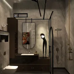 For this master washroom, I blended monochromatic tones with artistic flair. The design features a floating vanity, a statement art piece reflected in the mirror, and a unique floor lamp, turning a functional space into a personal art gallery.