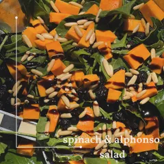My Smooth Leaf Spinach and Alphonso Salad. The sweetness of the mango is balanced by the earthy spinach, tart cranberries, and a balsamic dressing, all topped with crunchy pine nuts.